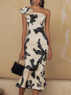Off Shoulder Biege Midi Bodycon Dress with Black Elegant Print