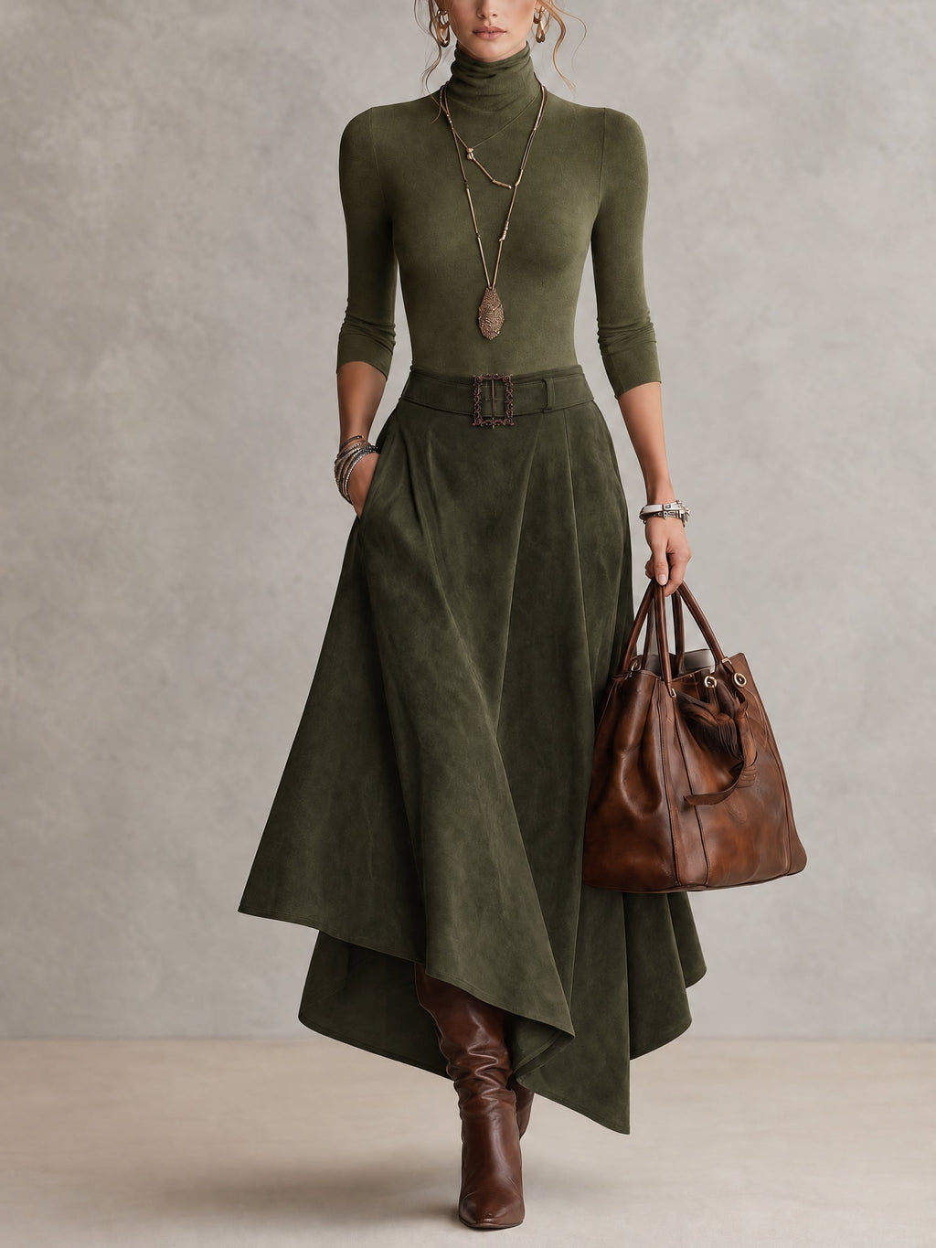 Taupe Stretch Roll Neck Top and Asymmetrical Suede Skirt Set