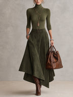 Taupe Stretch Roll Neck Top and Asymmetrical Suede Skirt Set