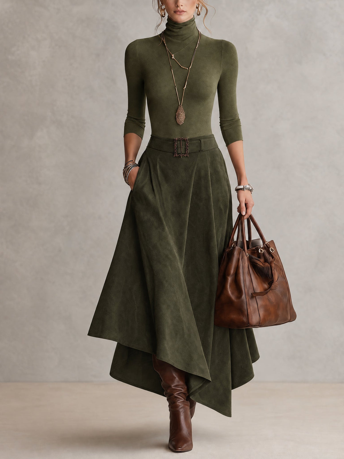 Taupe Stretch Roll Neck Top and Asymmetrical Suede Skirt Set