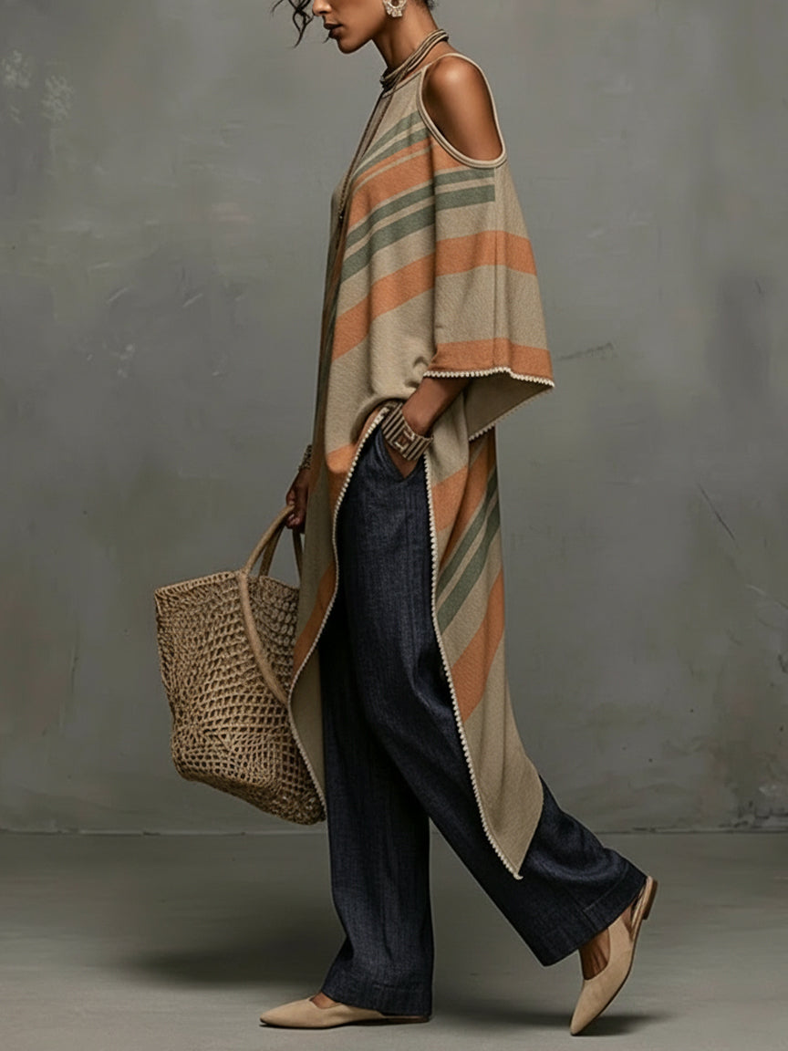 Khaki Linen Blend Printed Off Shoulder Dress with Fringe Hem