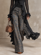 Black Sheer Floral Lace Longline Ruffle Blouses