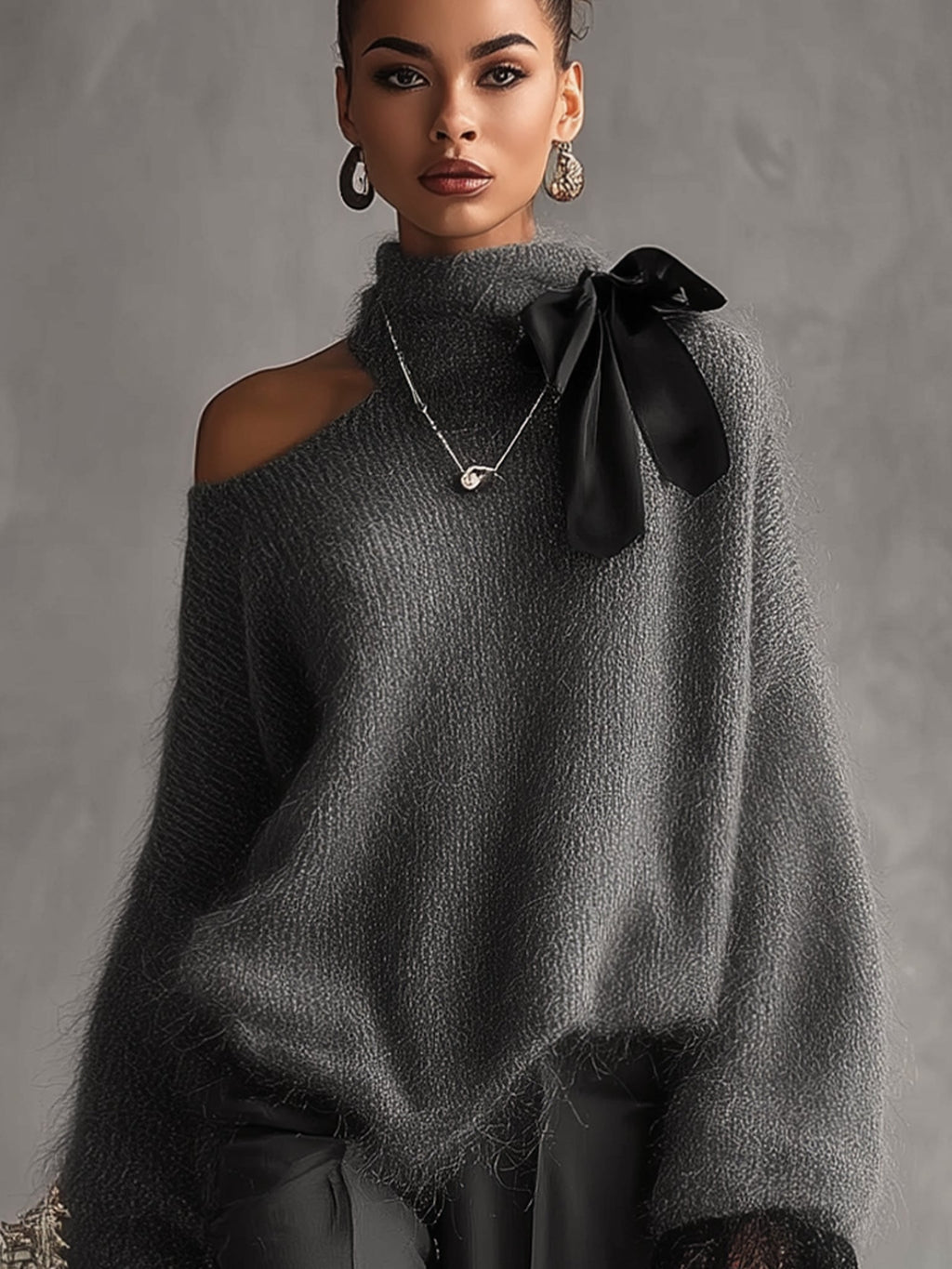 Grey Mohair Knit Jumper with Lace Cuffs
