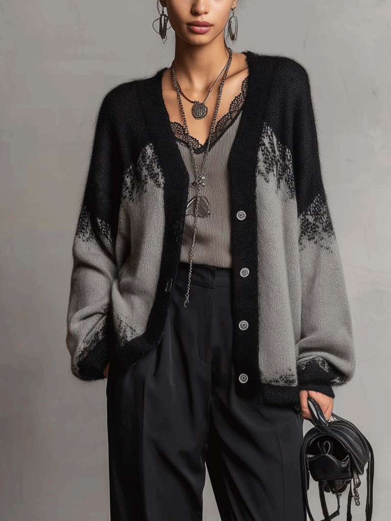 Grey and Black Colour-block Knit Cardigan with Balloon Sleeves