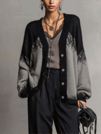 Grey and Black Colour-block Knit Cardigan with Balloon Sleeves