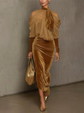 Light Brown Velvet Bodycon Maxi Dress with Chiffon Blouse Set