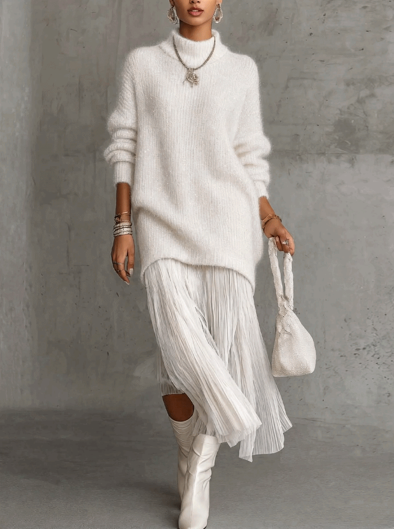 White Shimmer Fuzzy Knit Jumper Dress with Pleated Chiffon Patchwork Hem