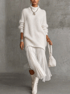 White Shimmer Fuzzy Knit Jumper Dress with Pleated Chiffon Patchwork Hem