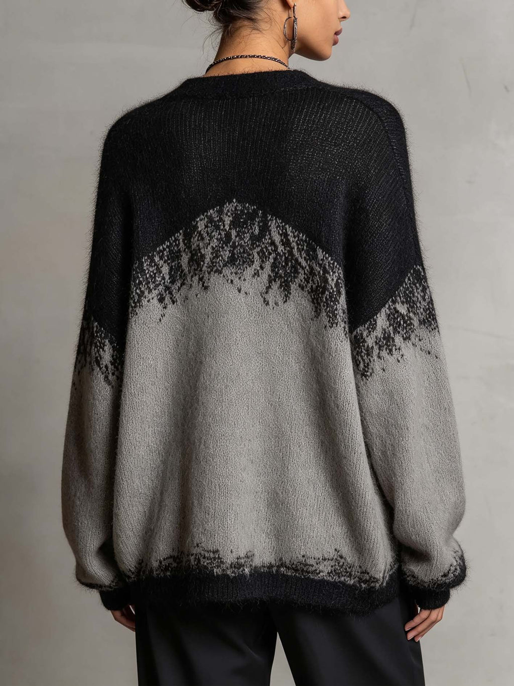 Grey and Black Colour-block Knit Cardigan with Balloon Sleeves