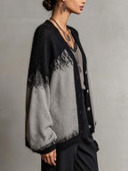 Grey and Black Colour-block Knit Cardigan with Balloon Sleeves