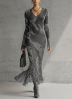 Olive Camo Knit V-Neck Fringe Hem Bodycon Dress