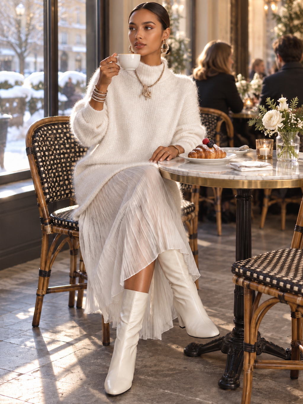 White Shimmer Fuzzy Knit Jumper Dress with Pleated Chiffon Patchwork Hem