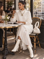 White Shimmer Fuzzy Knit Jumper Dress with Pleated Chiffon Patchwork Hem