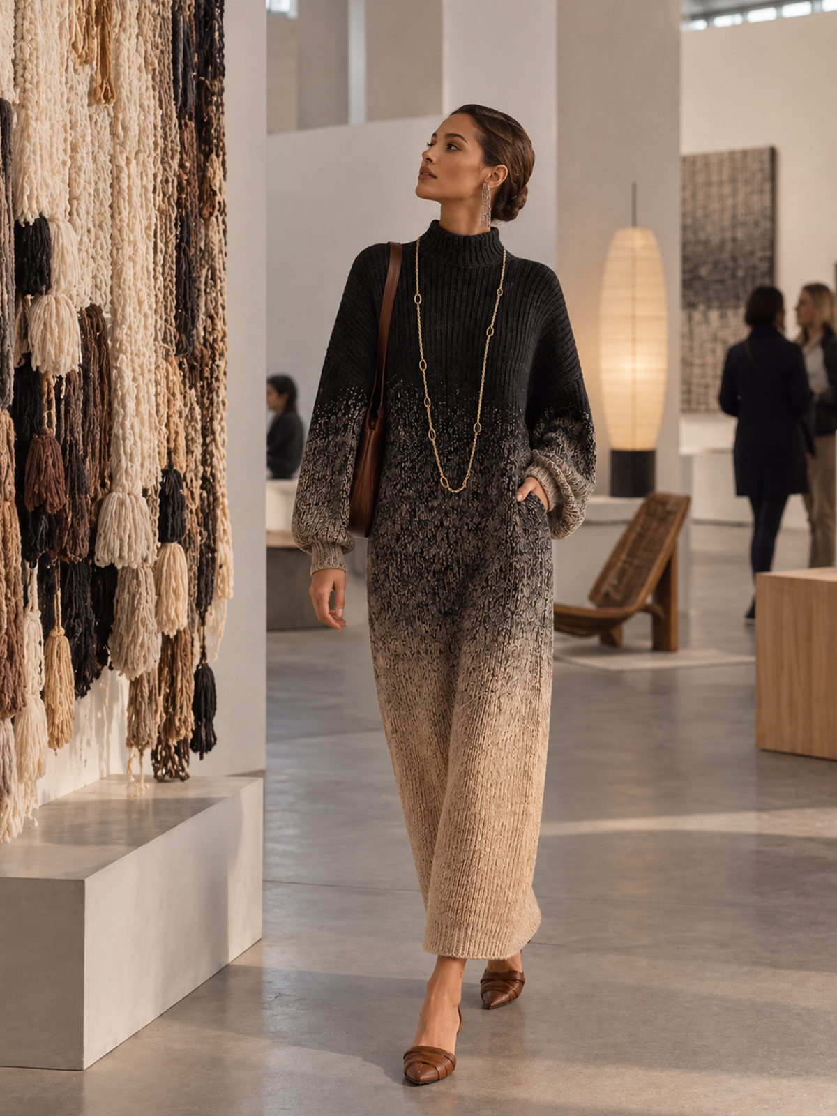 Black to Beige Gradient Roll Neck Knit Maxi Dress