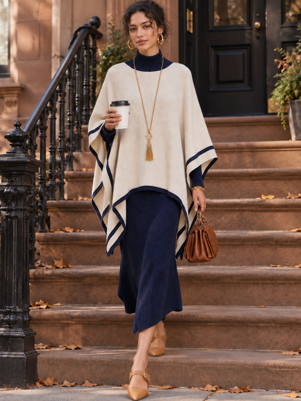 Navy and Cream Roll Neck Knit Poncho Overlay Midi Dress