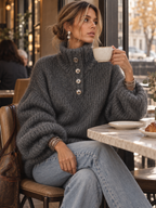 Charcoal Grey Metallic Thread Button Detail Oversized Jumper