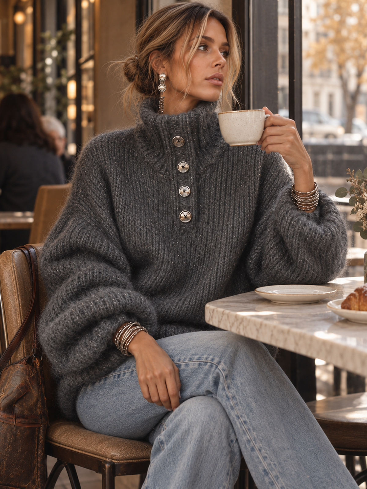 Charcoal Grey Metallic Thread Button Detail Oversized Jumper