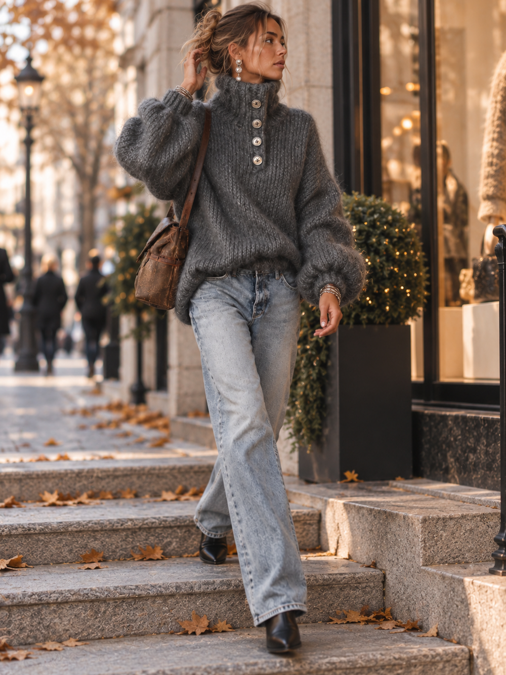 Charcoal Grey Metallic Thread Button Detail Oversized Jumper