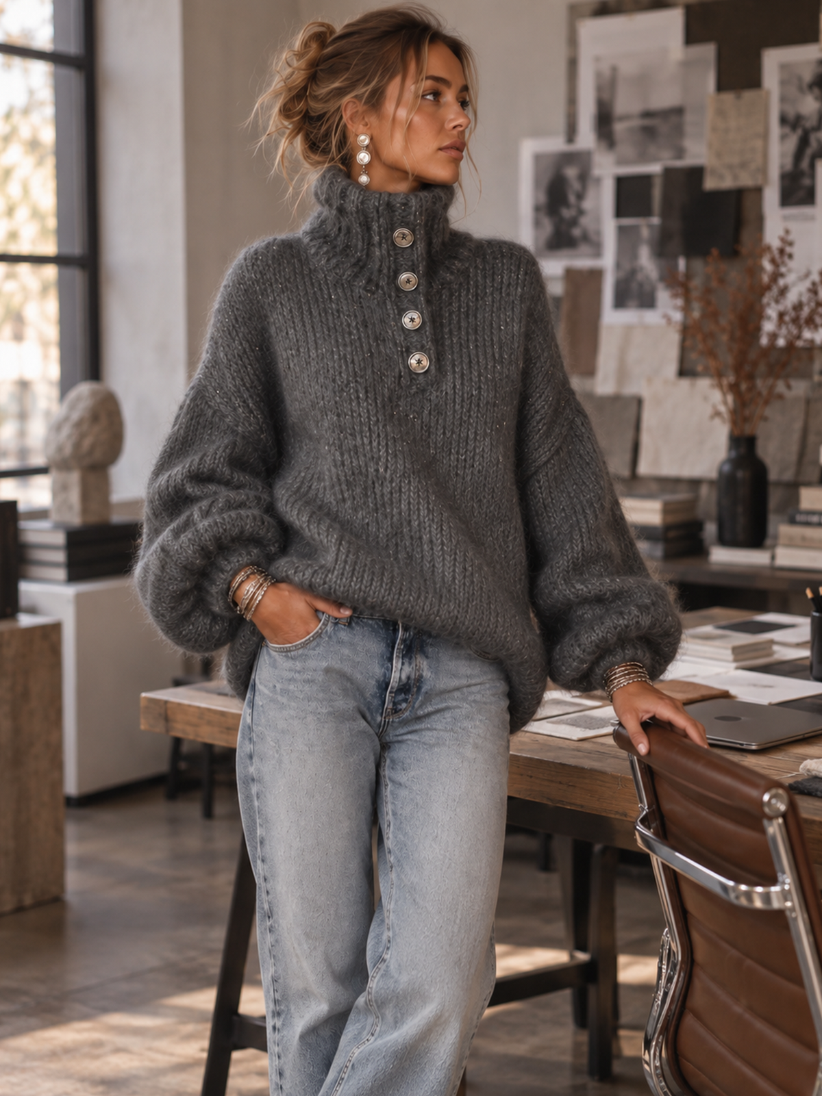 Charcoal Grey Metallic Thread Button Detail Oversized Jumper