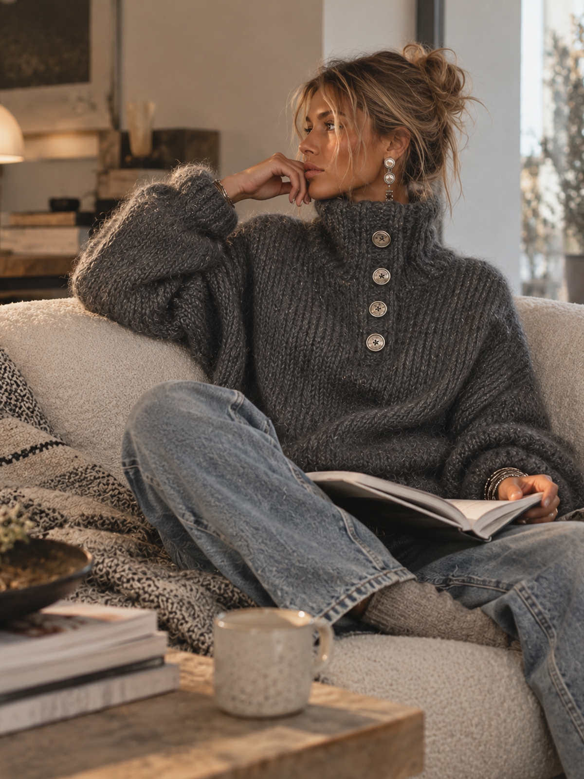 Charcoal Grey Metallic Thread Button Detail Oversized Jumper