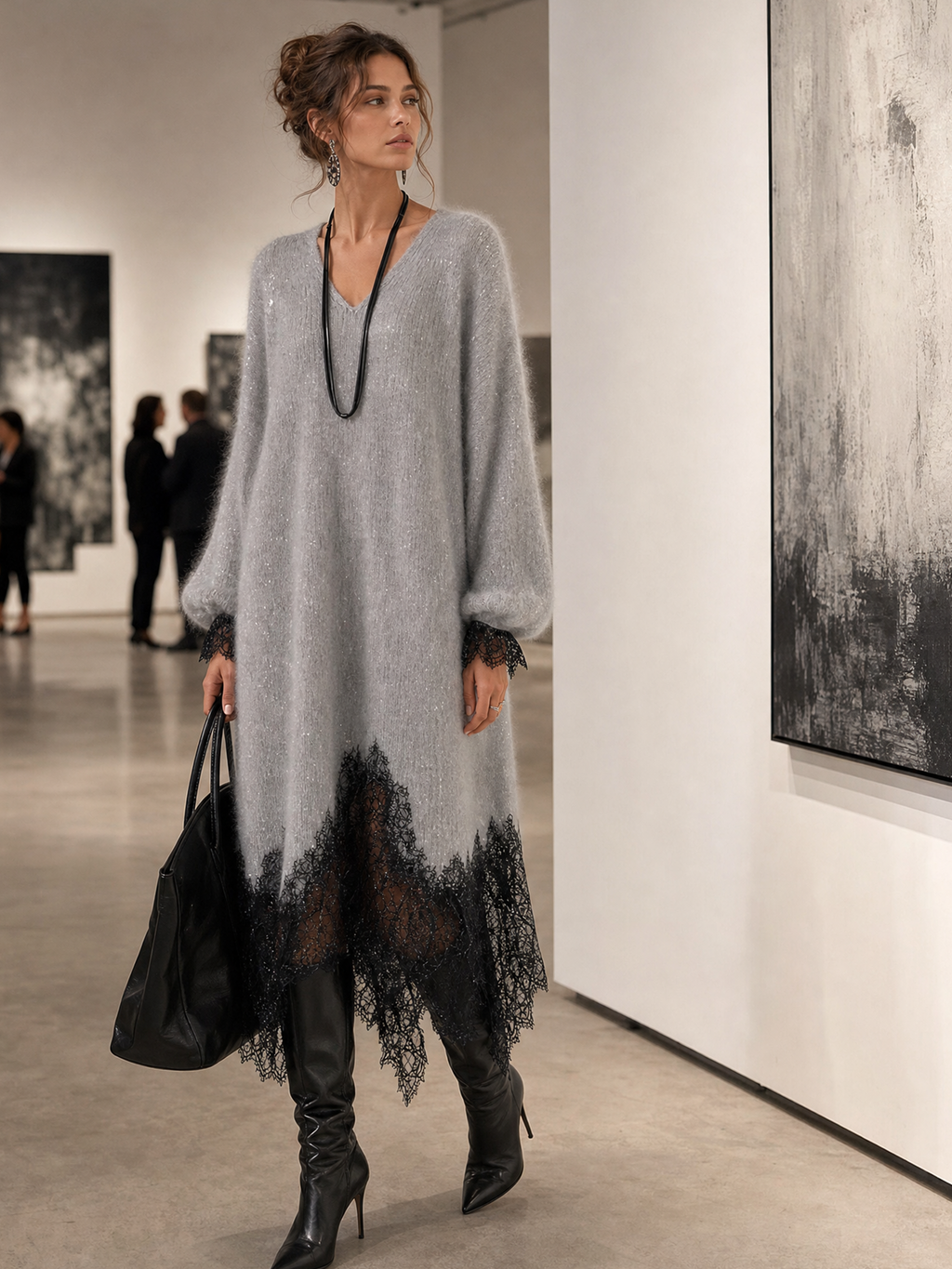 Grey Shimmer Knit Lace Hem Midi Dress