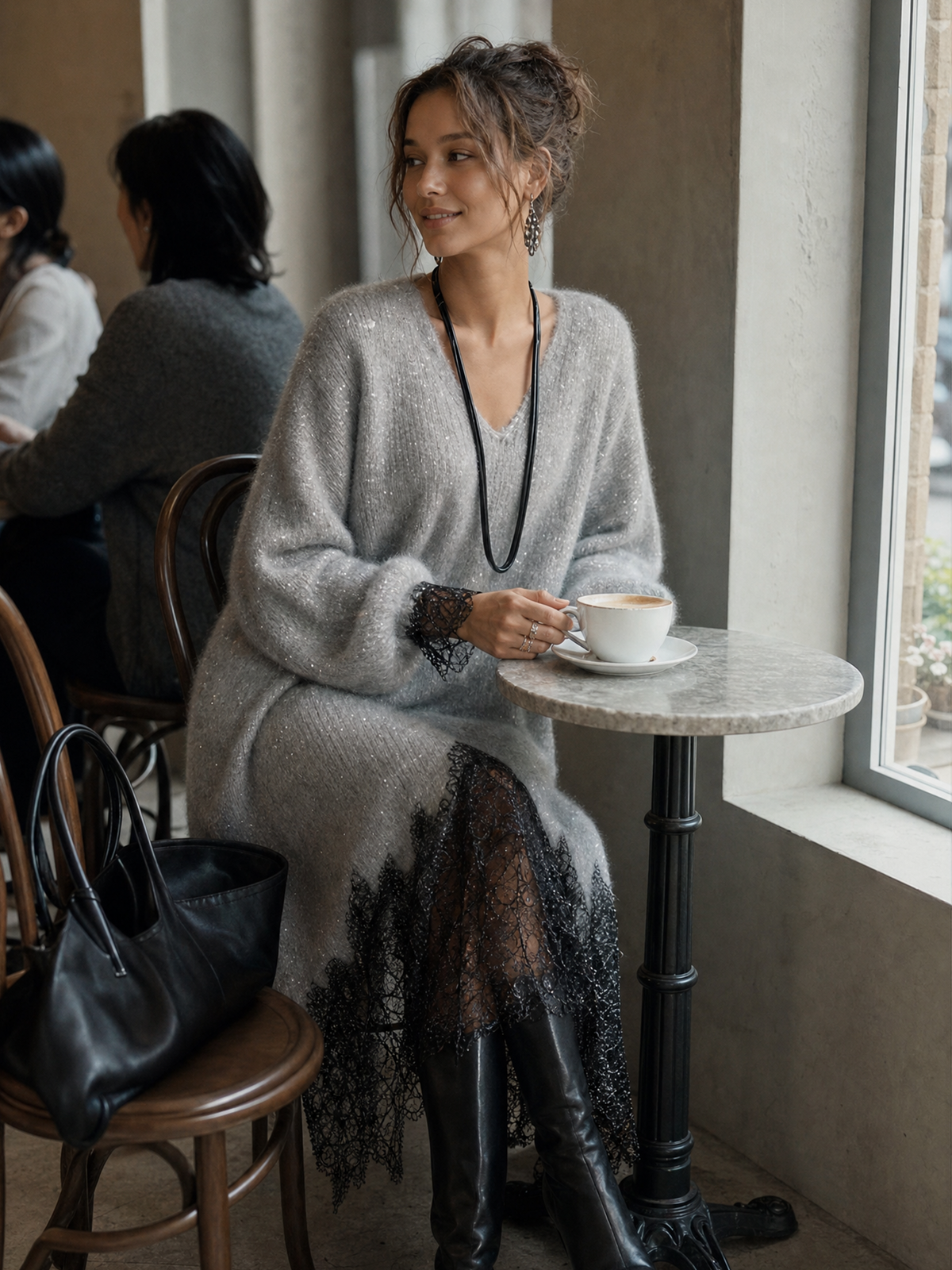 Grey Shimmer Knit Lace Hem Midi Dress