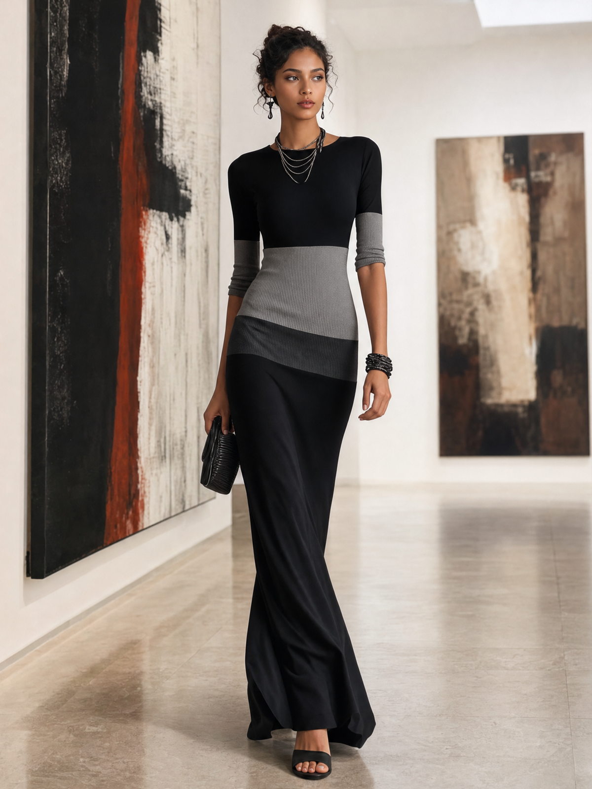 Black and Grey Colour-block Bodycon Maxi Dress