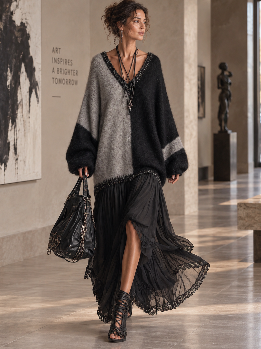 Black and Grey Chiffon Patchwork Oversized Knit Maxi Dress