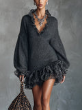 Grey Knit Mini Dress with Ruffled V-Neckline and Chiffon Hem