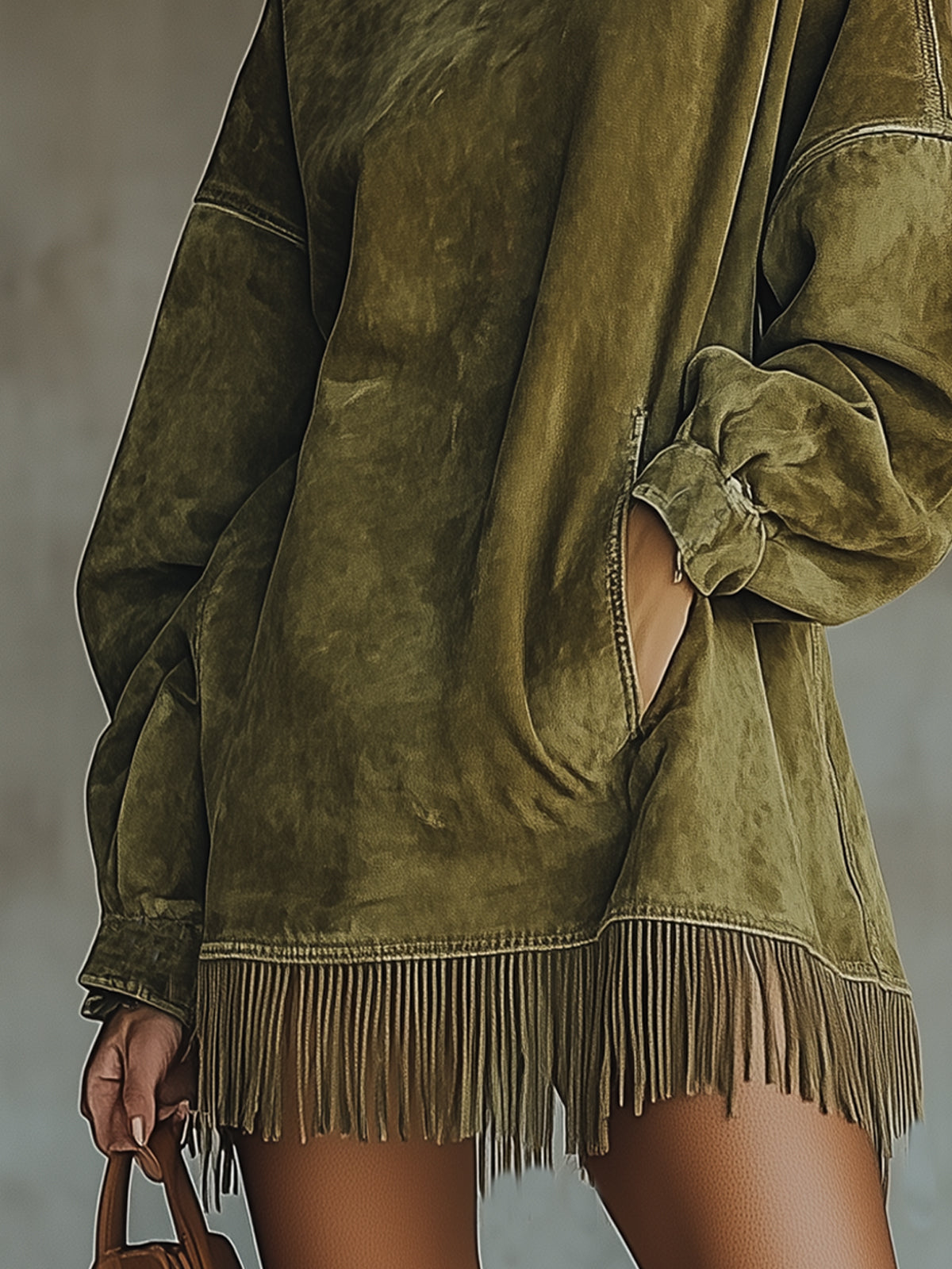 Olive Faux Suede Roll Neck Dress with Fringe Hem