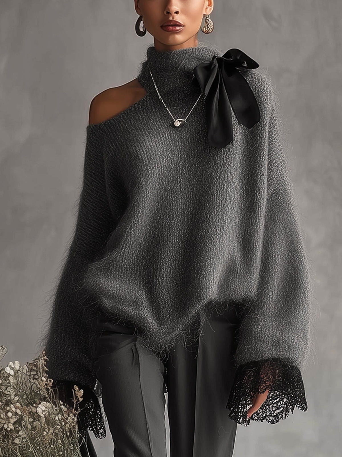 Grey Mohair Knit Jumper with Lace Cuffs