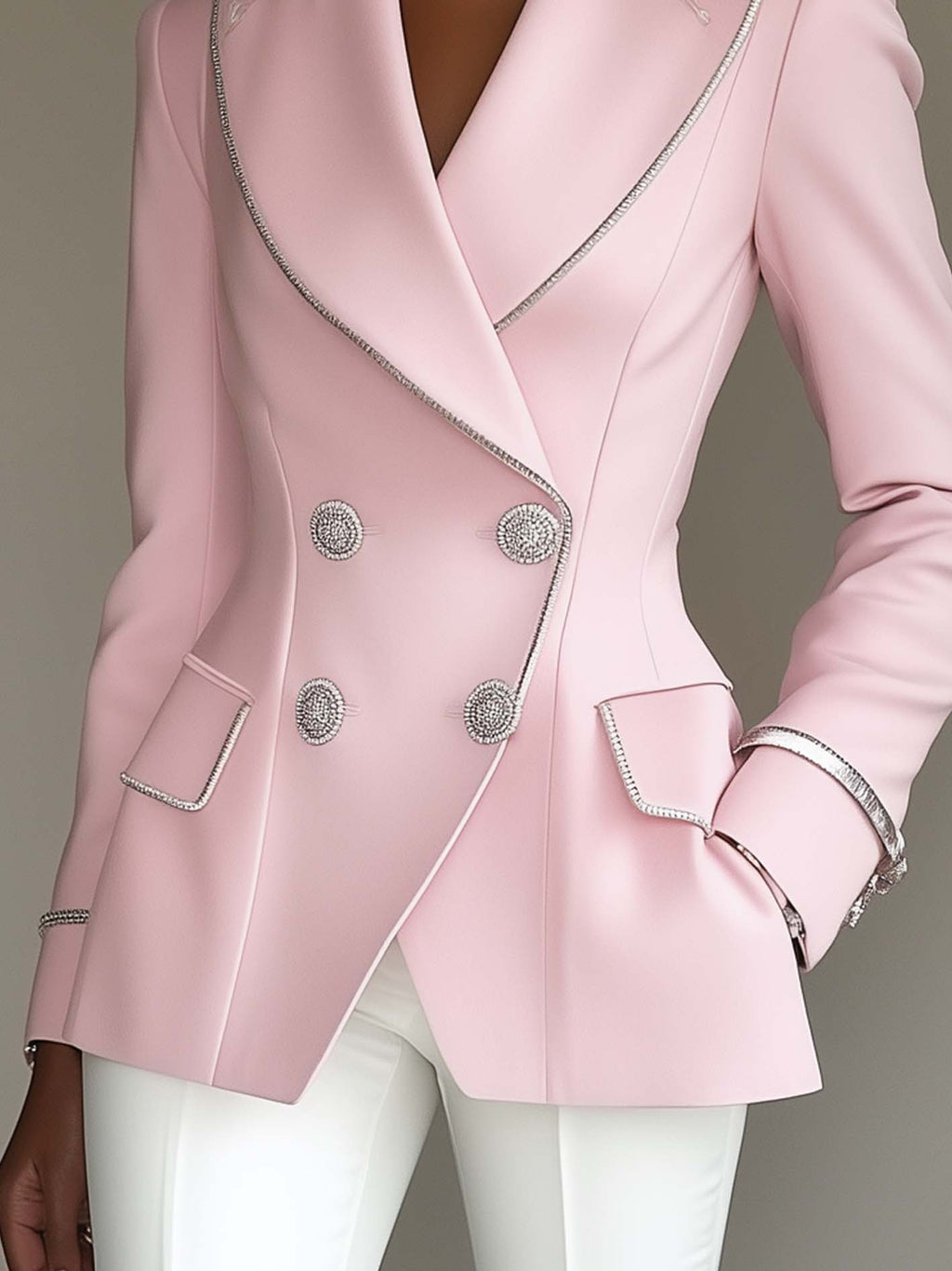 Pink Blazer with Silver Trim and Double-breasted Buttons