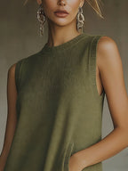 Olive Green Sleeveless Knit Mini Dress with Fringe Hem