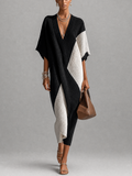 Black and White Textured Colour-block V-Neck Midi Dress