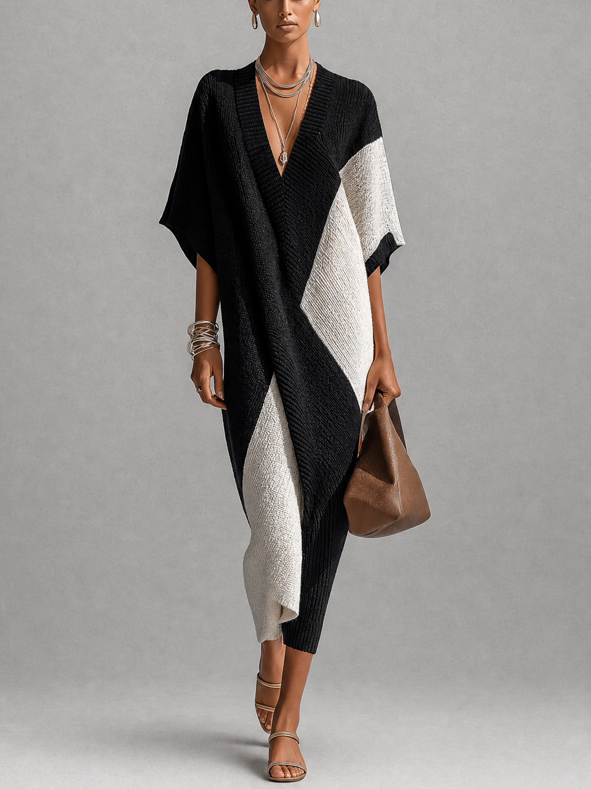 Black and White Textured Colour-block V-Neck Midi Dress