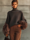 Grey Ruffle Sleeve Roll Neck Jumper