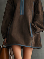 Brown Faux Suede Fleece High-Neck Zip-Up Oversized Mini Dress