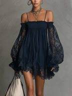 Navy Off-Shoulder Lace Trim Chiffon Mini Dress with Sheer Sleeves