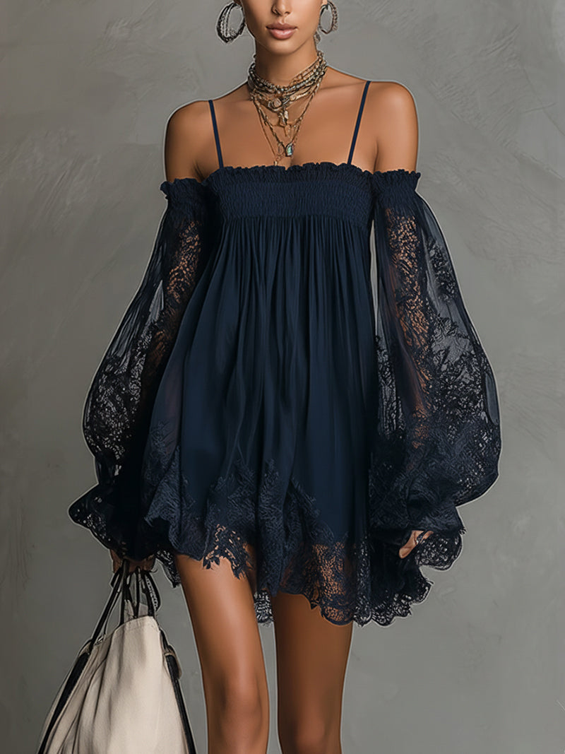 Navy Off-Shoulder Lace Trim Chiffon Mini Dress with Sheer Sleeves