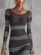 Grey and White Knit Bodycon Dress with Leopard Stripe Detailing