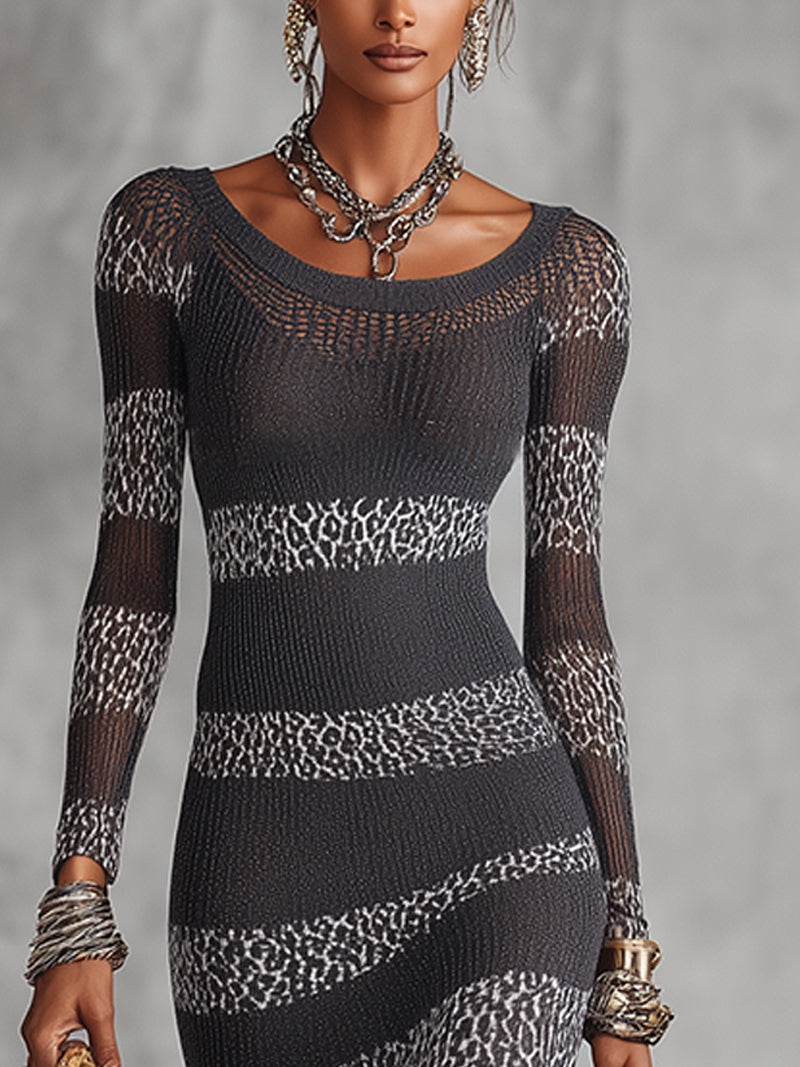 Grey and White Knit Bodycon Dress with Leopard Stripe Detailing