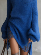Blue Off‑Shoulder Mohair Jumper Dress with Lace Hem