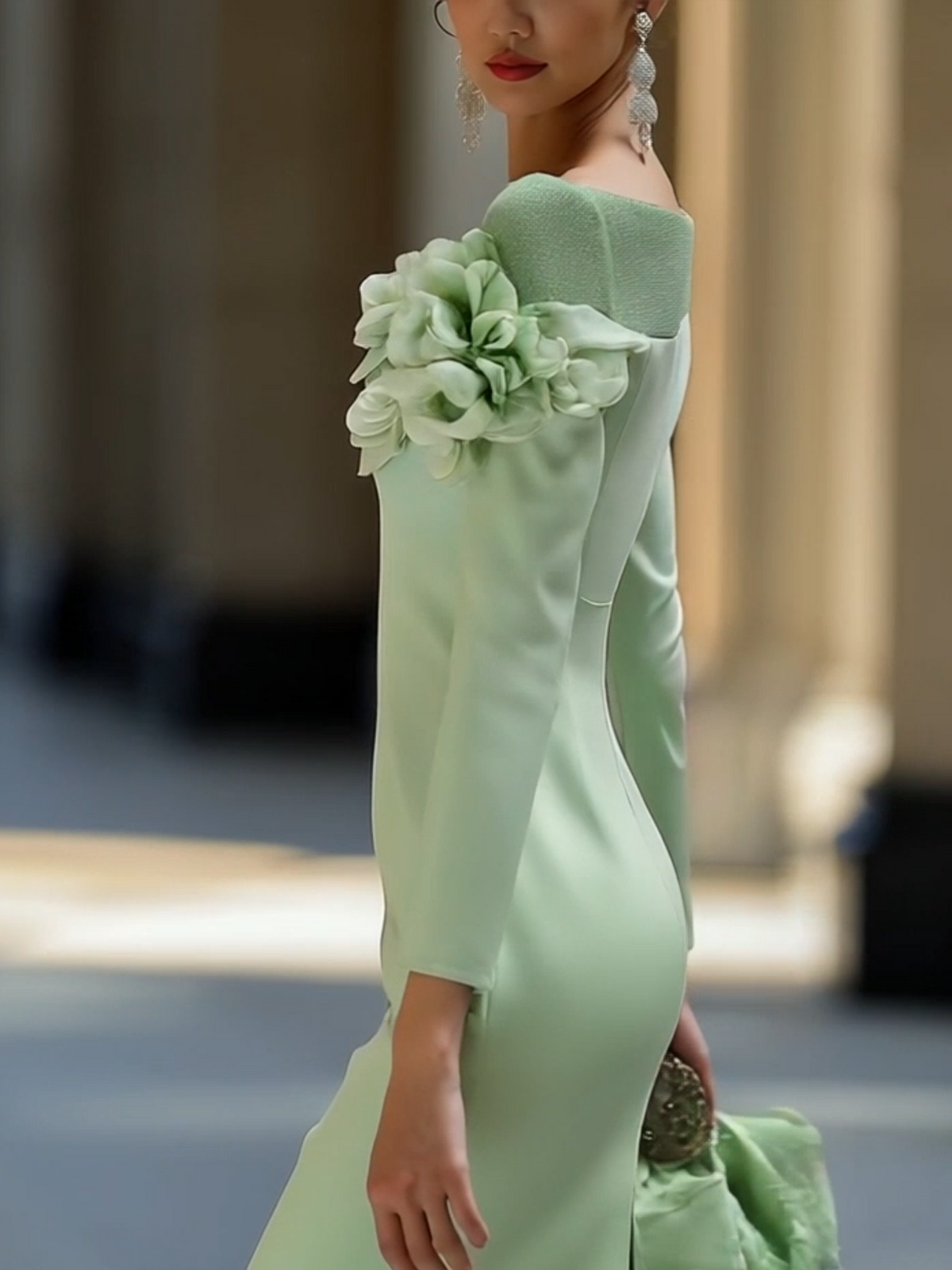 Light Green Midi Pencil Dress with Mesh and 3D Flower Decoration