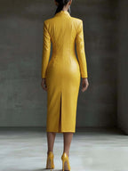 Stylish Yellow Textured Faux Leather Midi Bodycon Dress with Zip