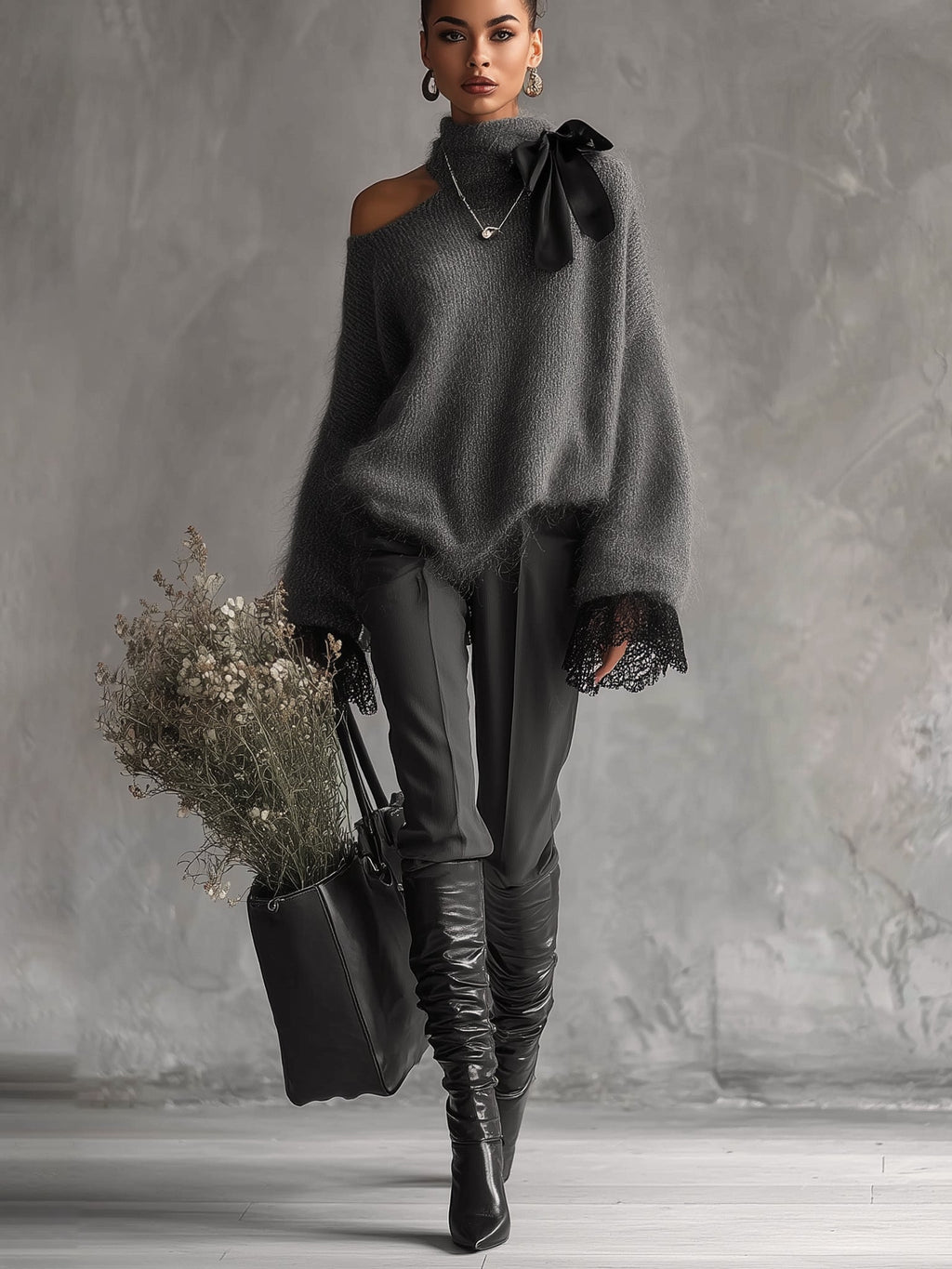 Grey Mohair Knit Jumper with Lace Cuffs