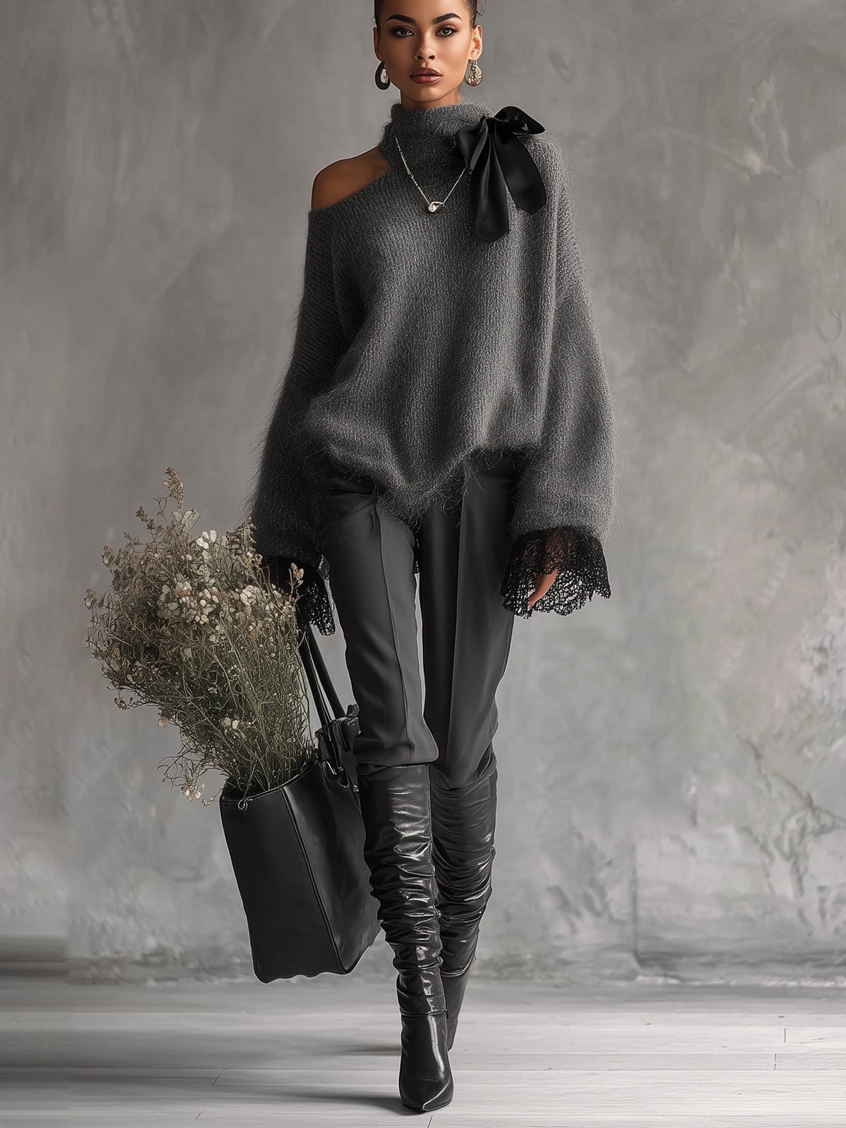 Grey Mohair Knit Jumper with Lace Cuffs