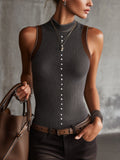 Grey Ribbed Knit Sleeveless Tank Top with Pearl Button Detailing