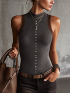 Grey Ribbed Knit Sleeveless Tank Top with Pearl Button Detailing