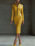 Stylish Yellow Textured Faux Leather Midi Bodycon Dress with Zip