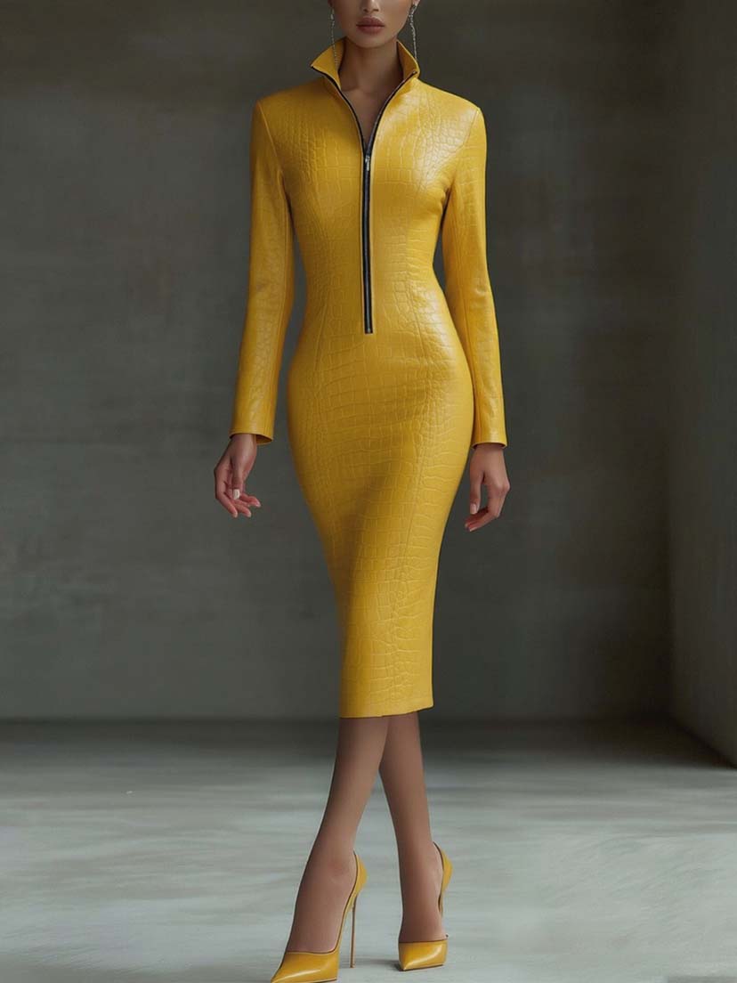 Stylish Yellow Textured Faux Leather Midi Bodycon Dress with Zip